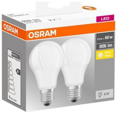 2 Becuri LED Osram Base Classic A, E27, 8.5W (60W), 806 lm, lumina calda (2700K)