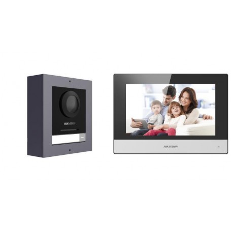 Kit videointercom IP Hikvision DS-KIS602(B), contine: DS-KD8003- IME1(B)/Surface × 1, DS-KH6320-WTE1 × 1, 4-port standard PoE sw