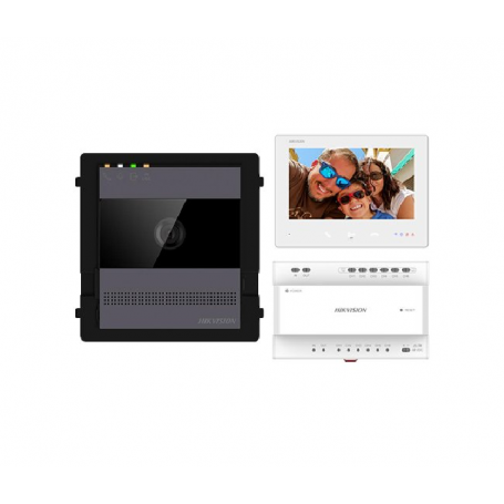 Kit videointercom IP Hikvision DS-KIS704EY/AL kit-ul contine: 1x DS- KH7300EY-WTE2/WH, 1x DS-KD-ACW1, 1x DS-KD7003EY-IME2/AL, 1x